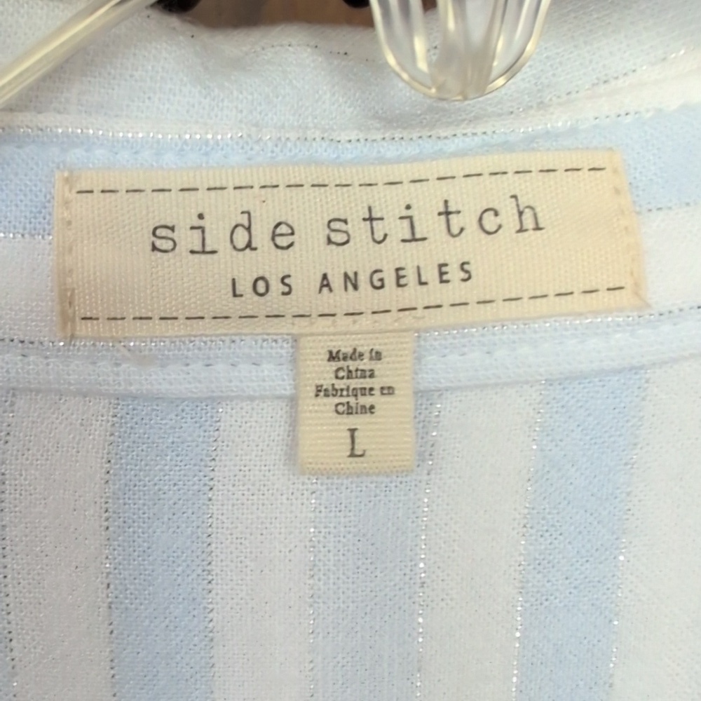 Side Stitch Linen Blend Blue & Metallic Striped Button Down - Women's Large - Picture 3 of 5